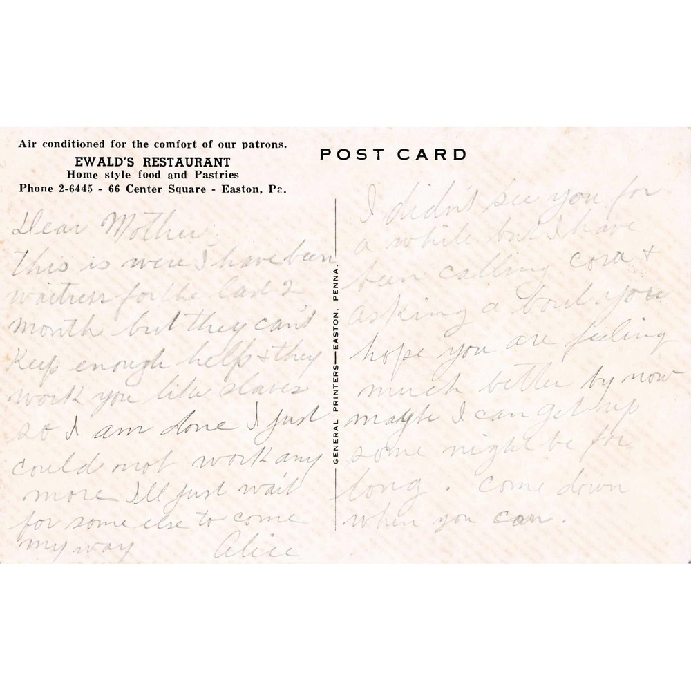 Ewald's Restaurant Easton Pennsylvania PA Interior Diner Counter Booths Postcard - Picture 2 of 2